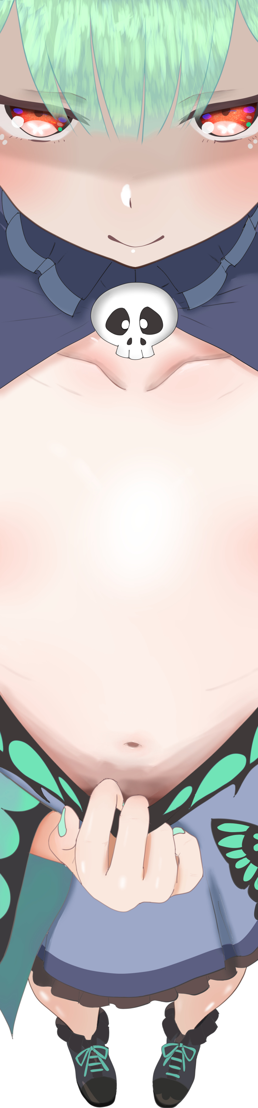 1girl absurdres blue_dress breast_focus breasts collarbone commentary_request dress flat_chest foreshortening from_above full_body green_hair half-closed_eyes hand_in_clothes highres hololive kuronagirai looking_at_viewer meme navel pulling_own_clothes red_eyes shaded_face solo stomach tall_image tap_me_(meme) uruha_rushia uruha_rushia_(1st_costume)