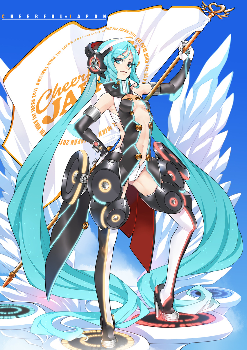 aqua_eyes aqua_hair ban bare_shoulders boots center_opening elbow_gloves flag gloves hand_on_hip hatsune_miku headphones high_heels highres long_hair shoes solo speaker standing thigh_boots thighhighs twintails very_long_hair vocaloid wings