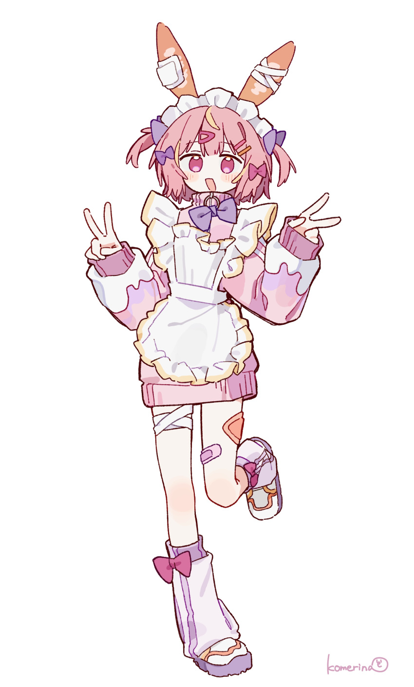 1girl :d absurdres animal_ears apron bandaid bandaid_on_leg blush bow bowtie commentary_request double_v frilled_apron frills full_body hair_bow hair_ornament hairclip hands_up highres jacket jersey_maid komerina long_sleeves looking_at_viewer maid open_mouth original parallel_hairclips pink_hair pink_jacket purple_bow purple_bowtie purple_shoes sea_slug_ears sea_slug_girl shoes short_hair signature simple_background smile socks solo standing standing_on_one_leg track_jacket two_side_up unconventional_maid v white_apron white_background white_socks