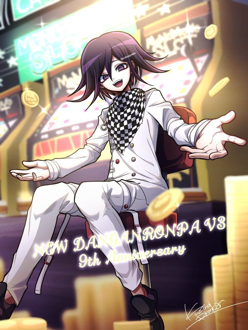 1boy absurdres anniversary arm_belt buttons casino checkered_clothes checkered_scarf coin copyright_name danganronpa_(series) danganronpa_v3:_killing_harmony english_commentary english_text flipped_hair gold_coin hair_between_eyes happy happy_anniversary highres kujira_pyon_ka long_sleeves looking_at_viewer male_focus oma_kokichi open_mouth outstretched_arms pants purple_eyes purple_hair ringed_eyes scarf short_hair signature sitting slot_machine smile solo thigh_strap two-tone_scarf