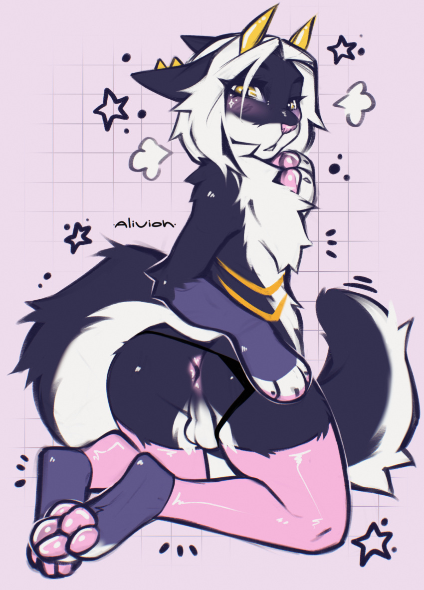 2025 alivion anthro anus black_body black_fur blush blush_lines butt chest_tuft clothed clothing colored_sketch digital_drawing_(artwork) digital_media_(artwork) domestic_cat ear_piercing eyelashes felid feline felis femboy flat_colors fluffy fluffy_tail fur hair hi_res horn kneeling legwear long_eyelashes looking_back male mammal markings pawpads paws piercing pink_anus pink_background pink_nose pink_pawpads pink_stockings presenting presenting_anus presenting_balls presenting_hindquarters rear_view simple_background sketch solo stockings tail topless tuft white_body white_fur white_hair yellow_eyes yellow_horn yellow_markings