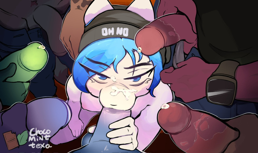 after_sex anthro bangs beanie beanie_only black_penis blue_eyes blue_hair bodily_fluids chocomint_texa clock clothing crouching cum cum_on_face detailed_background domestic_cat eyeliner felid feline felis fellatio female gangbang genital_fluids genitals green_penis group group_sex hair hat hat_only headgear headgear_only headwear headwear_only hi_res holding_face looking_at_viewer makeup male male/female mammal mostly_nude oral penile penis precum purple_penis red_penis rubbing_penis sex watch zoe_(chocomint_texa)