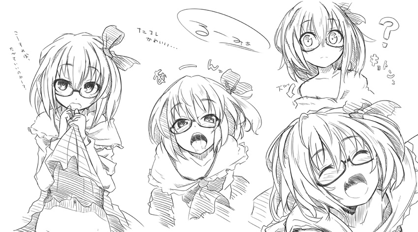 ? ascot bespectacled blush collarbone dress dress_lift fang glasses greyscale monochrome navel off_shoulder ogami_kazuki open_mouth ribbon rumia saliva sketch solo touhou