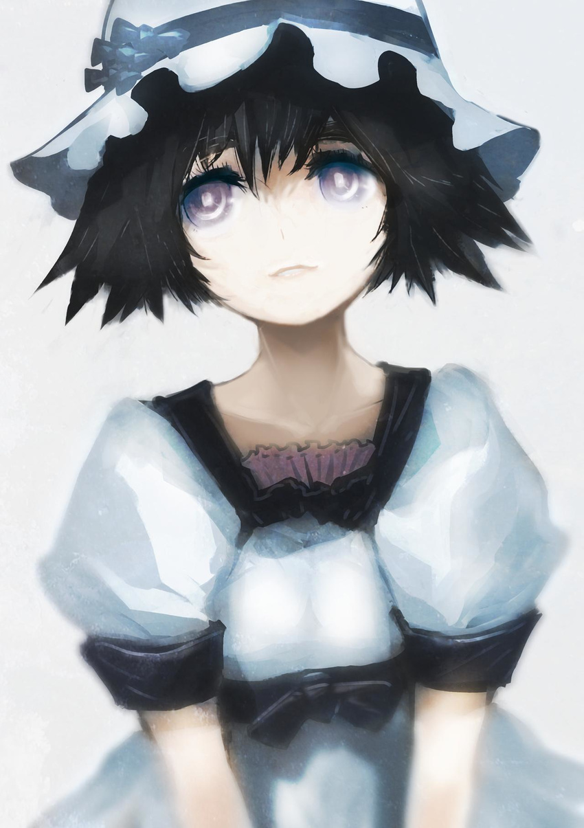 black_hair grey_eyes hat highres huke official_art purple_eyes ribbon shiina_mayuri short_hair smile solo steins;gate