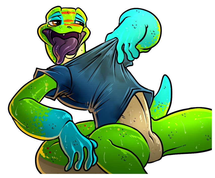 anthro blue blue_markings bottomless brown_eyes clothed clothing gecko genital_slit green green_body half-dressed lizard male markings neodokuro nisse open_mouth reptile scalie shirt slit solo sweat undressing