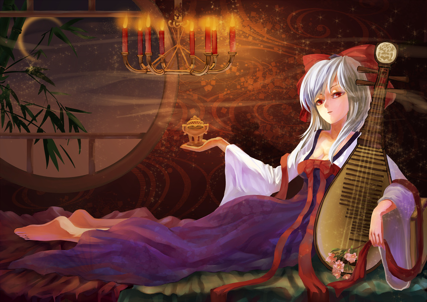 alternate_costume bad_id bad_pixiv_id bamboo barefoot bow branch breasts candle censer chandelier cherry_blossoms chinese_clothes cleavage crescent_moon full_body hair_bow hanfu highres holding incense indoors instrument kamishirasawa_keine letterboxed lying medium_breasts moon multicolored_hair night on_side orangec outstretched_arm reclining red_eyes ribbon round_window sash solo sparkle touhou wide_sleeves window