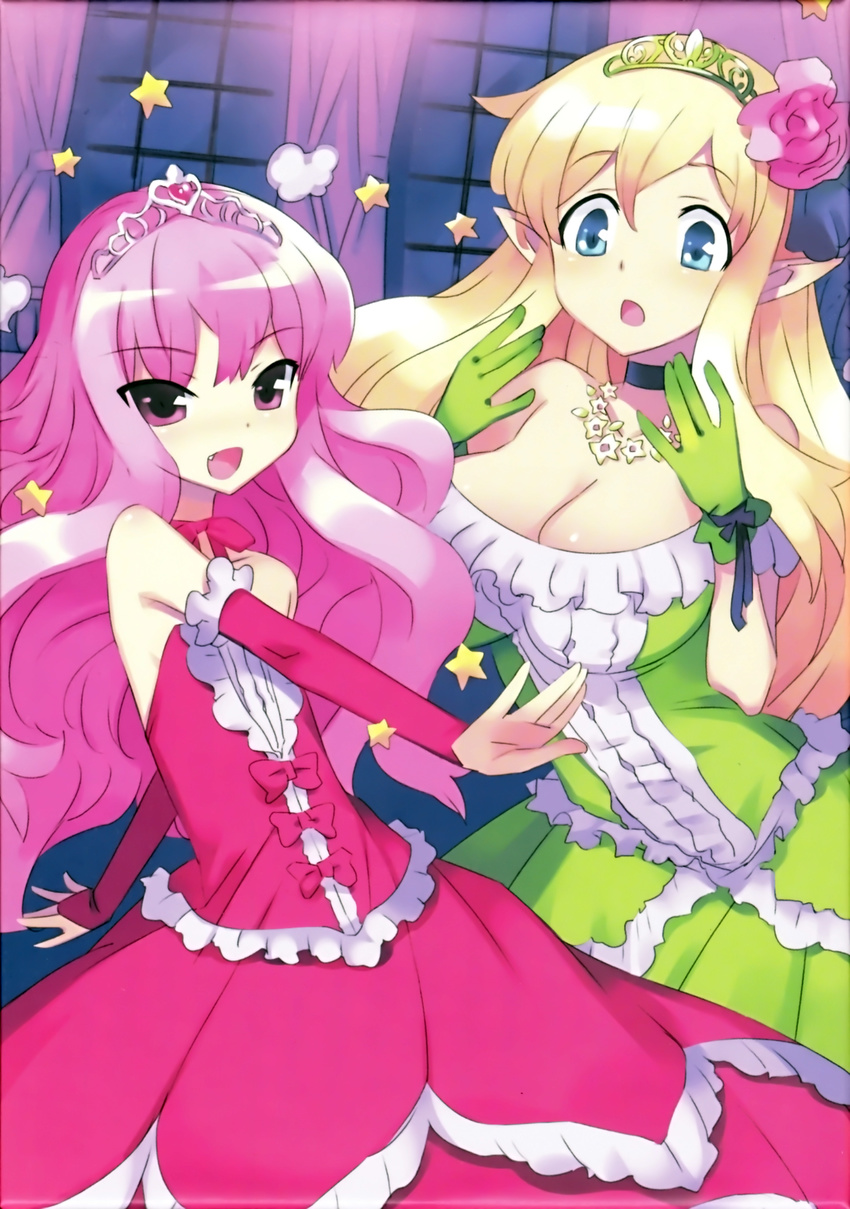 absurdres blonde_hair blue_eyes breasts choker cleavage detached_sleeves dress elf fang flat_chest flower frills gloves green_eyes highres jewelry large_breasts long_hair louise_francoise_le_blanc_de_la_valliere multiple_girls necklace pink_eyes pink_hair pointy_ears strapless strapless_dress tiara tiffania_westwood usatsuka_eiji zero_no_tsukaima
