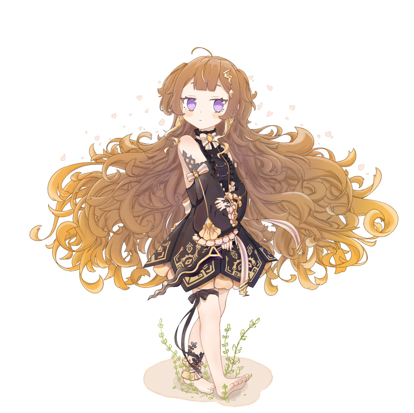 1girl absurdres ahoge anya_melfissa anya_melfissa_(1st_costume) barefoot black_dress black_sleeves blonde_hair blonde_streaks brown_hair closed_mouth colored_inner_hair commentary_request detached_sleeves dress highres hololive hololive_indonesia multicolored_hair purple_eyes solo streaked_hair u_da_desu virtual_youtuber white_background