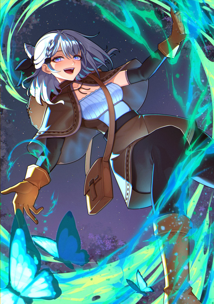 1girl alternate_costume anzailee bag black_pants boots braid breasts brown_bag brown_boots brown_capelet brown_gloves brown_skirt bug butterfly capelet cleavage commentary cone_hair_bun detached_sleeves dutch_angle english_commentary foot_out_of_frame gloves grey_hair hair_bun highres hololive hololive_indonesia long_hair looking_at_viewer medium_breasts open_mouth pants pants_under_skirt purple_eyes ribbed_shirt shirt shoulder_bag skirt solo standing teeth upper_teeth_only vestia_zeta virtual_youtuber