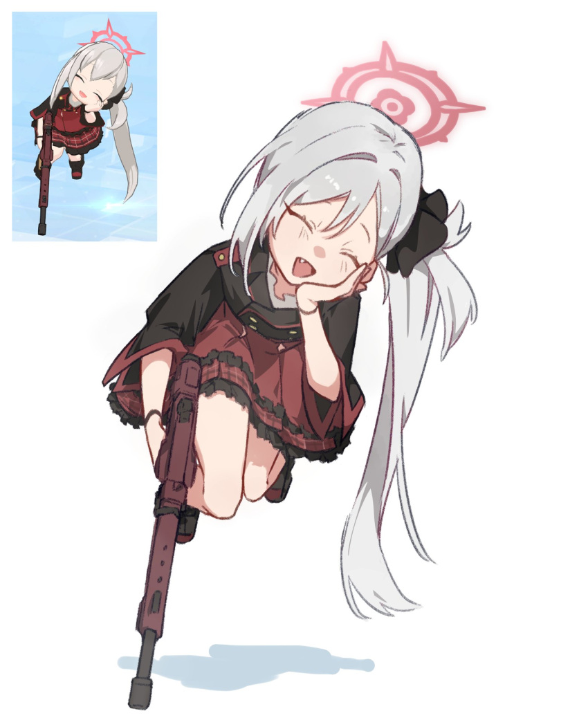 1girl black_jacket black_scrunchie black_shoes blue_archive blush buttons closed_eyes commentary_request derivative_work double-breasted double-parted_bangs facing_viewer fang floating frilled_skirt frills full_body game_screenshot_inset grey_hair gun h&amp;k_mg5 hair_ornament hair_scrunchie halo hand_on_own_chest high-waist_skirt highres holding holding_gun holding_weapon jacket knees_together_feet_apart light_machine_gun long_hair machine_gun mutsuki_(blue_archive) open_mouth red_halo red_skirt ru77094 school_uniform screenshot_inset screenshot_redraw scrunchie shadow shirt shoes side_ponytail simple_background skirt smile solo very_long_hair weapon white_background white_shirt