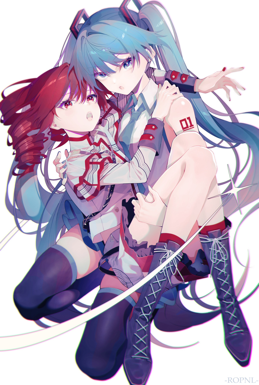 2girls :o absurdres artist_name black_boots black_thighhighs blue_eyes blue_hair blue_necktie boots carrying carrying_person collared_shirt drill_hair grey_jacket grey_skirt hatsune_miku highres jacket kasane_teto kasane_teto_(sv) long_hair multiple_girls necktie number_tattoo red_eyes red_hair shirt shoulder_tattoo skirt sleeveless sleeveless_shirt synthesizer_v tattoo thighhighs tiandingfengren twin_drills twintails utau very_long_hair vocaloid white_shirt