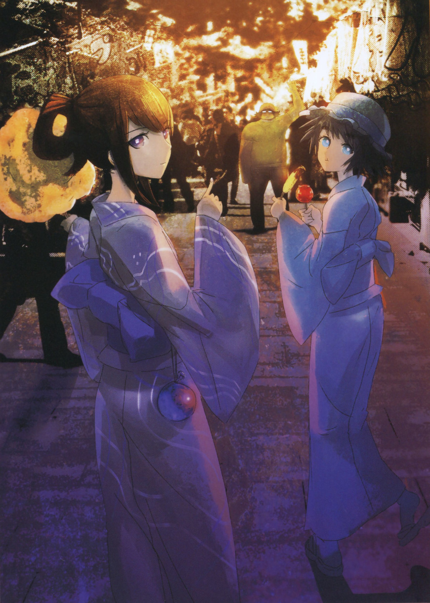 2girls absurdres black_hair blue_eyes brown_hair candy_apple cotton_candy eating everyone food hashida_itaru hat highres huke japanese_clothes kimono long_hair makise_kurisu multiple_girls night official_art shiina_mayuri short_hair silver_eyes smile standing steins;gate yukata