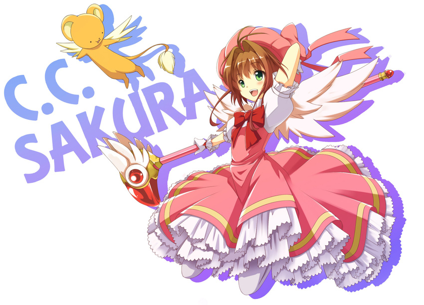 brown_hair cardcaptor_sakura choco_la_tea fuuin_no_tsue green_eyes hat jumping kero kinomoto_sakura magical_girl pink_hat short_hair wand wings