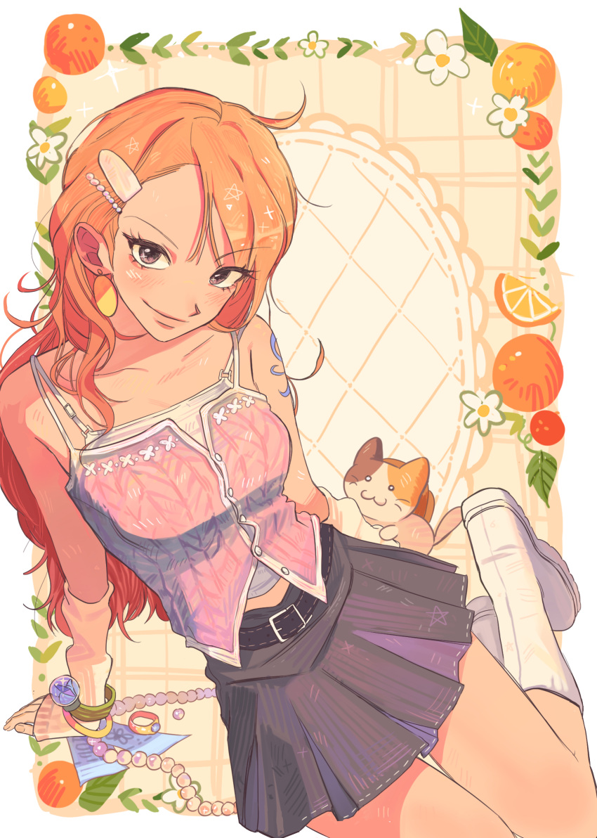 1girl absurdres animal arm_support arm_warmers bare_shoulders belt belt_buckle black_belt blush boots border bracelet breasts brown_eyes buckle button_gap buttons camisole cat closed_mouth collarbone earrings flower food fruit gold_earrings hair_ornament hairclip highres jewelry log_pose long_hair looking_at_viewer mandarin_orange miniskirt mixed-language_commentary nami_(one_piece) one_piece orange_hair outside_border plaid_clothes plaid_skirt pleated_skirt sam_one111 shoulder_tattoo sitting skirt sleeves_past_wrists smile solo spaghetti_strap swept_bangs tattoo thigh_gap wavy_hair white_boots white_border yokozuwari