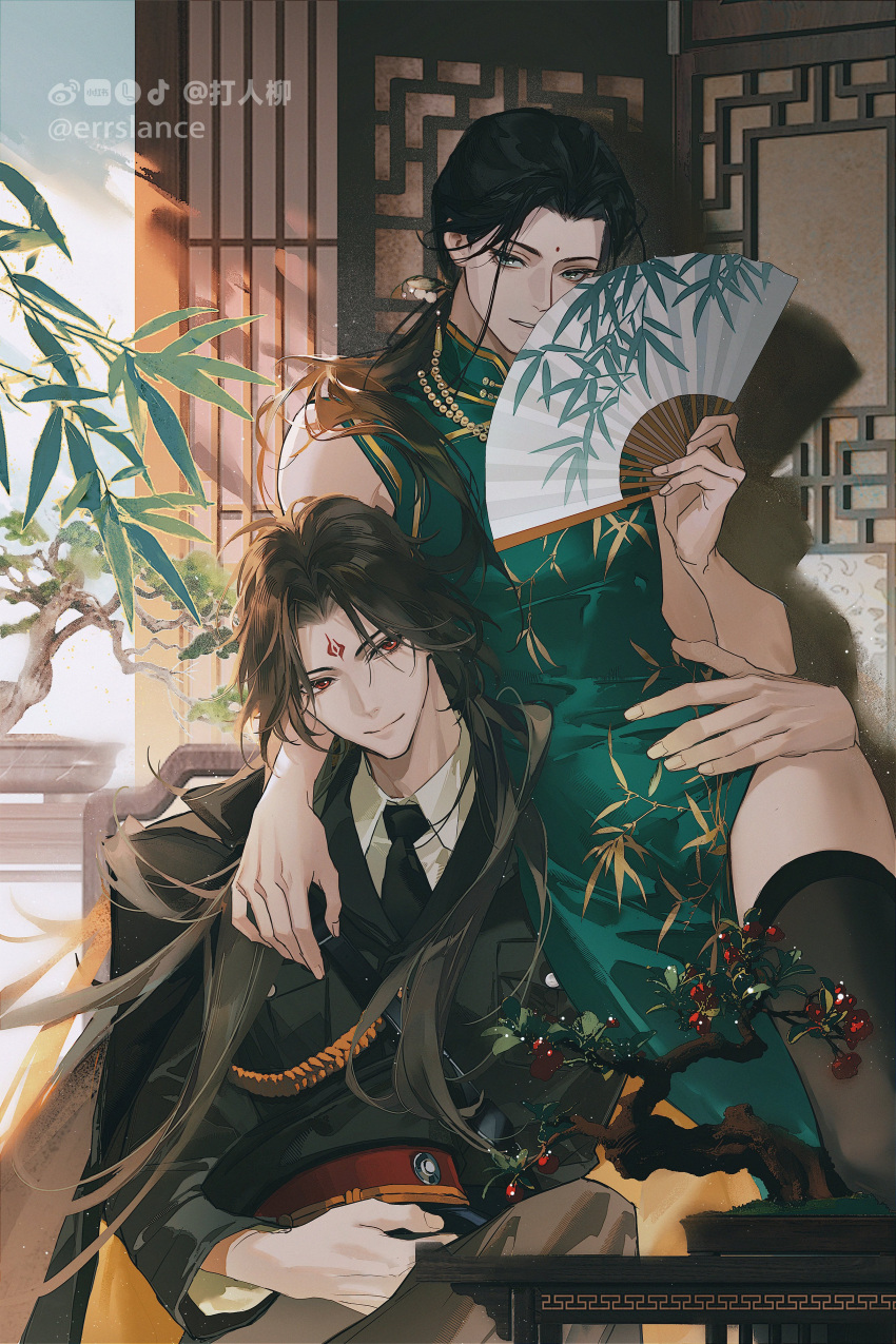 2boys absurdres al_(ahr) alternate_costume architecture arm_around_neck arm_around_waist bamboo_print bindi black_coat black_hair black_necktie black_thighhighs bonsai brown_pants chair chest_strap china_dress chinese_clothes closed_mouth coat coat_on_shoulders collared_shirt commentary_request contemporary crossdressing crossdressing_(mtf) curtained_hair dress east_asian_architecture green_dress green_eyes hair_over_shoulder hand_fan hat head_tilt highres holding holding_fan holding_unworn_clothes holding_unworn_hat jacket light_particles logo long_hair long_sleeves looking_at_viewer low_ponytail luo_binghe mandarin_collar military_hat military_jacket military_uniform multiple_boys necktie on_chair pants parted_bangs parted_lips peaked_cap pocket ponytail red_eyes renzha_fanpai_zijiu_xitong shen_qingqiu shirt side_slit sitting_on_shoulder sleeveless sleeveless_dress smile table thighhighs twitter_username unworn_hat unworn_headwear very_long_hair white_shirt wolf_cut wooden_chair wooden_table yaoi zuiyin