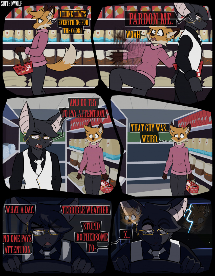 5_fingers 6_panel_comic :< angry anthro artist_name balthy_(suitedwolfie) basket big_ears biped black_bottomwear black_clothing black_hair black_pants black_shirt black_topwear bottomwear brown_body brown_fur brown_nose button_(fastener) cain_(suitedwolfie) canid canine cheek_tuft claws clothing collared_shirt comic container detailed_background digital_drawing_(artwork) digital_media_(artwork) dipstick_ears dipstick_tail driving duo ear_markings ear_piercing english_text eye_through_hair eyebrow_through_hair eyebrows eyelashes eyelashes_through_hair eyewear facial_tuft fangs finger_claws fingers flour fox fur glass glasses gloves_(marking) gold_(metal) gold_button_(fastener) gold_glasses gold_jewelry hair happy head_tuft hi_res holding_basket holding_container holding_object holding_steering_wheel humanoid_hands inner_ear_fluff inside jewelry looking_at_another looking_at_viewer looking_back looking_back_at_another male mammal markings mole_(marking) multicolored_body multicolored_ears multicolored_fur necktie open_mouth orange_body orange_fur orange_hair pants piercing pink_clothing pink_eyes pink_inner_ear pink_sclera pink_sweater pink_topwear pupils raining raised_tail red_fox sack shaded shelf shirt shopping shopping_basket slit_pupils split_dialogue standing steering_wheel sugar suit suitedwolfie surprised sweater tail tail_markings teeth text thunder tongue tongue_out topwear translucent translucent_hair true_fox tuft two_tone_body two_tone_fur watermark wearing_glasses white_body white_clothing white_eyes white_fur white_inner_ear white_markings white_necktie white_sclera white_suit wingless_bat worried