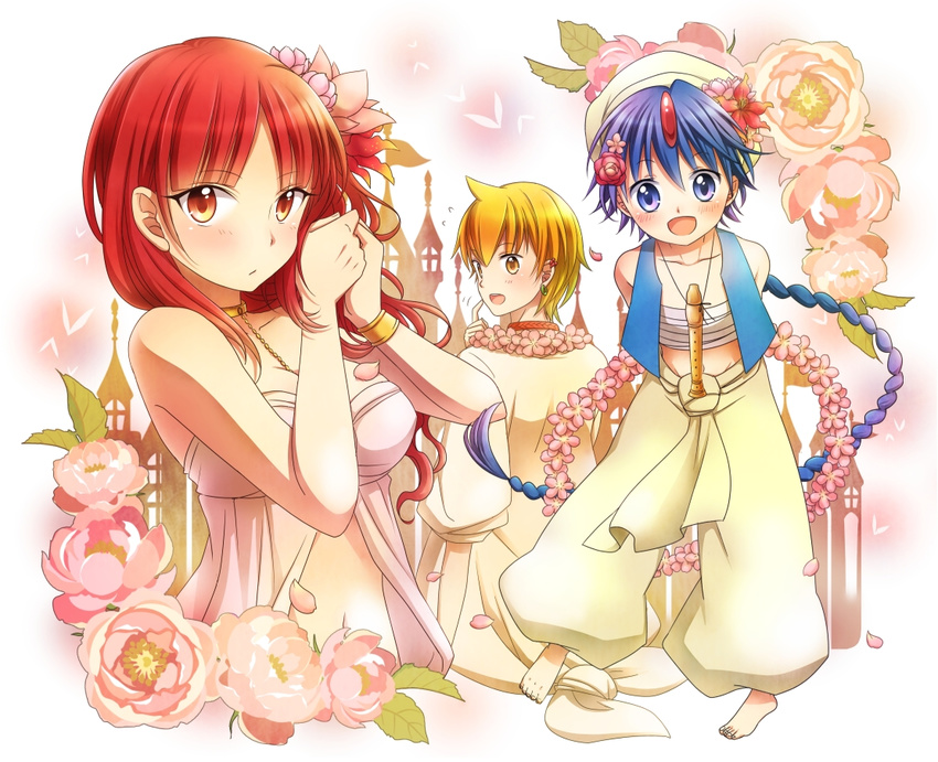 aladdin_(magi) ali_baba_saluja barefoot blonde_hair blue_eyes blue_hair braid feet flower flute hair_flower hair_ornament instrument kogito long_hair magi_the_labyrinth_of_magic midriff morgiana multiple_boys navel red_eyes red_hair short_hair single_braid yellow_eyes