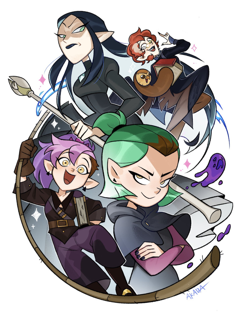 :d age_comparison akada amity_blight artist_name axe black_dress black_hair black_lips black_nails blue_hair book brown_gloves brown_hair capelet commentary crossed_arms dress earrings elf english_commentary ghost glasses gloves goth_fashion green_eyes green_hair happy highres holding holding_axe holding_book holding_staff holding_whip hootie_the_owl_(hooters) jewelry lilith_clawthorne long_hair long_sleeves looking_at_viewer makeup multicolored_hair multiple_boys multiple_girls official_alternate_hair_color official_alternate_hairstyle open_mouth orange_hair pants pink_hair pointy_ears ponytail purple_eyes purple_hair red_hair rope round_eyewear scar scar_across_eye scar_on_face short_hair short_ponytail siblings simple_background sisters smile smug staff the_owl_house two-tone_hair weapon whip white_background yellow_eyes