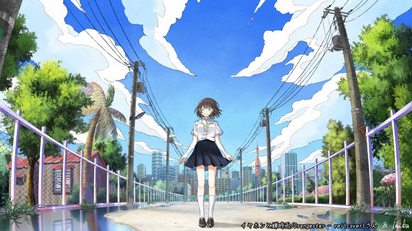 1girl arms_at_sides artist_name black_shoes black_skirt blue_sky brown_hair building chain-link_fence city closed_eyes closed_mouth cloud collared_shirt commentary_request commission day earphones fence highres house inika listening_to_music loafers miniskirt original outdoors palm_tree path pleated_skirt power_lines puddle reflection reflective_liquid scenery school_uniform shirt shoes short_hair short_sleeves skirt sky skyline skyscraper smile socks solo standing straight-on summer summer_uniform transformer tree utility_pole water white_shirt white_socks