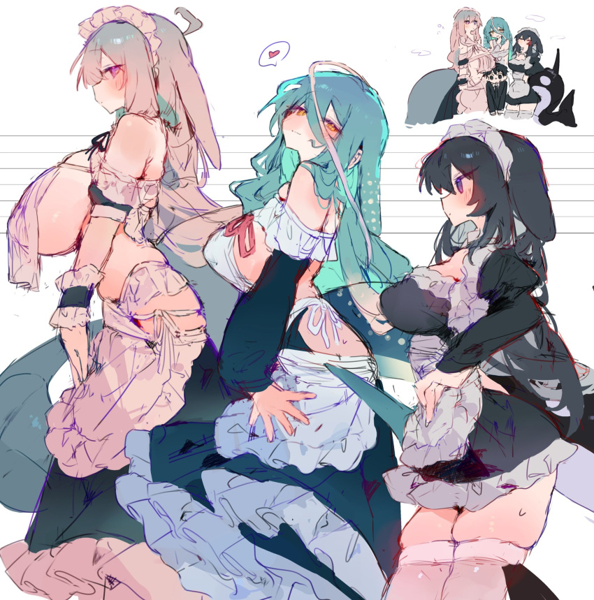 3girls ahoge apron bare_shoulders black_dress black_hair blue_dress blue_eyes blue_hair breast_curtains breasts bunchi cetacean_tail closed_mouth commentary_request double-parted_bangs dress fins fish_tail from_side grey_apron grey_hair hair_between_eyes heart highres huge_breasts large_breasts long_hair long_sleeves looking_at_viewer maid maid_headdress multiple_girls orca_girl original purple_eyes sideboob skindentation spoken_heart tail thighhighs waist_apron white_background white_thighhighs yellow_eyes