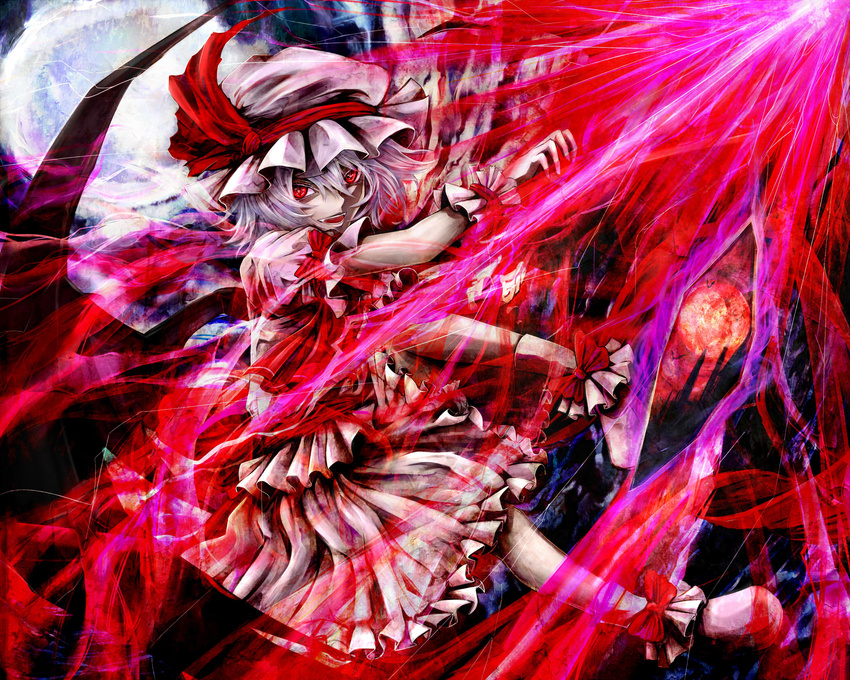 bat bat_wings blue_hair dress fangs full_moon hat hat_ribbon highres kazabana_fuuka moon open_mouth pink_dress red_eyes remilia_scarlet ribbon slit_pupils smirk solo spear_the_gungnir touhou wings wrist_cuffs