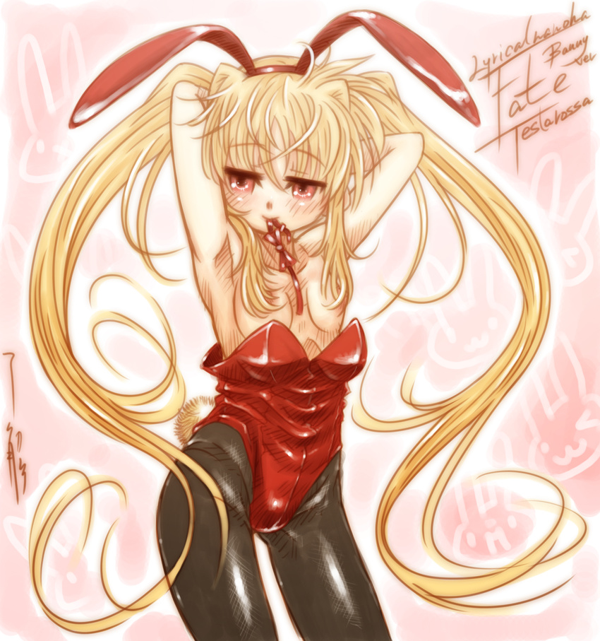 armpits arms_behind_head blonde_hair bunnysuit fate_testarossa flat_chest highres long_hair lyrical_nanoha mahou_shoujo_lyrical_nanoha mouth_hold pantyhose red_eyes ryou_(shirotsumesou) solo twintails