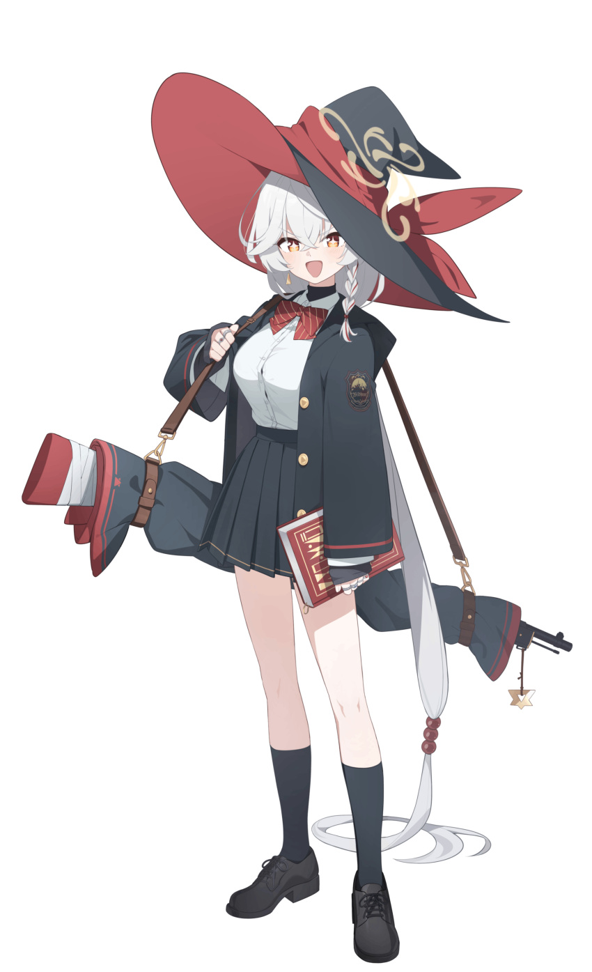 1girl absurdres black_jacket black_skirt black_socks blue_archive bolt_action book bow bowtie braid breasts bright_pupils button_gap carcano collared_shirt crossed_bangs diagonal-striped_bow diagonal-striped_bowtie diagonal-striped_clothes earrings eri_(blue_archive) full_body game_cg grey_hair gulim gun hair_between_eyes halo hat highres holding holding_book hood hooded_jacket jacket jewelry kneehighs large_breasts long_hair long_sleeves looking_at_viewer low-tied_long_hair multiple_rings official_art open_clothes open_jacket open_mouth orange_eyes pleated_skirt red_bow red_bowtie rifle ring shirt shirt_tucked_in shoes side_braid simple_background single_braid single_earring skirt sleeves_past_wrists smile socks solo standing star-shaped_pupils star_(symbol) striped_bow striped_bowtie striped_clothes symbol-shaped_pupils transparent_background very_long_hair weapon white_shirt witch_hat