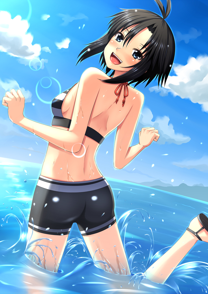 absurdres ahoge bikini black_hair cloud day highres idolmaster idolmaster_(classic) kikuchi_makoto ocean open_mouth sandals short_hair shorts solo splashing swimsuit tog_(shoten)