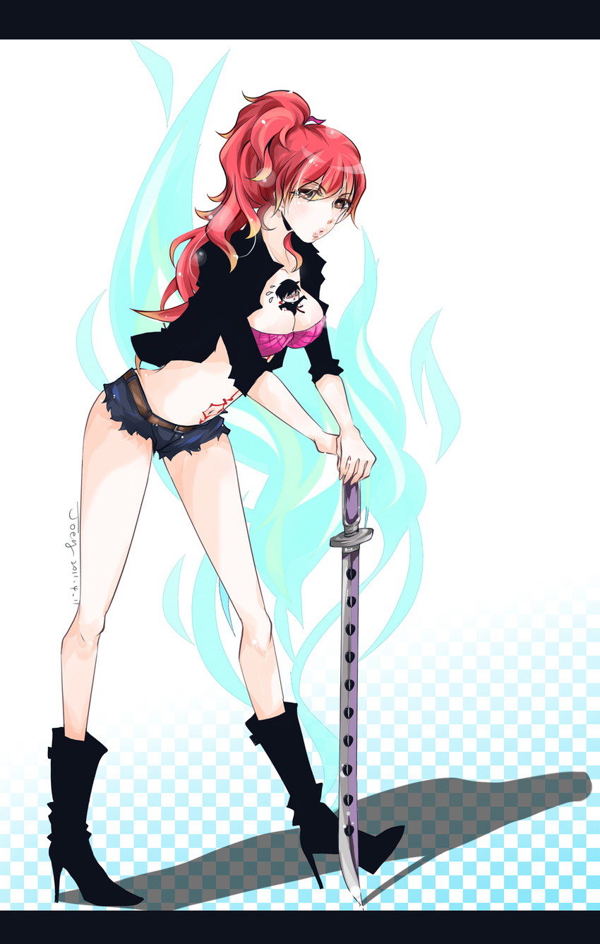 1girl ao_no_exorcist bad_id bad_pixiv_id belt between_breasts boots breasts brown_eyes chibi cleavage coat cutoffs glasses high_heels highres j.w katana kirigakure_shura legs long_hair medium_breasts midriff navel okumura_yukio ponytail red_hair shoes short_shorts shorts sleeves_rolled_up sword tattoo weapon