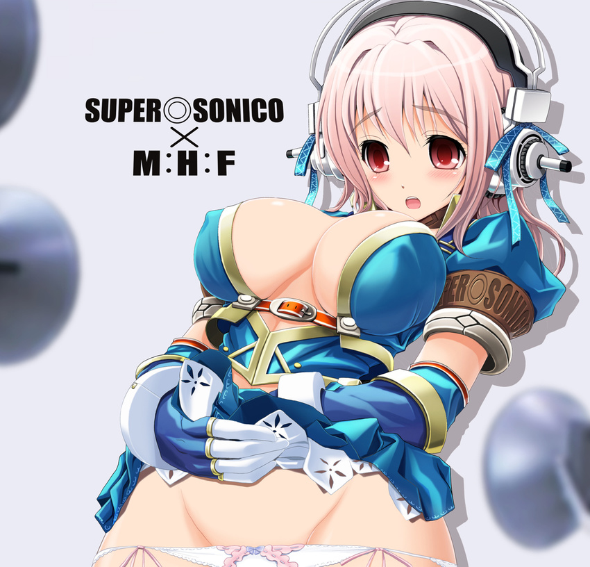 asuru_(armor) blush bow bow_panties breasts cleavage cosplay elbow_gloves gloves headphones highres large_breasts lowleg lowleg_panties monster_hunter monster_hunter_frontier nitroplus open_mouth panties panty_pull pink_hair red_eyes skirt skirt_lift solo super_sonico underwear v-mag white_panties