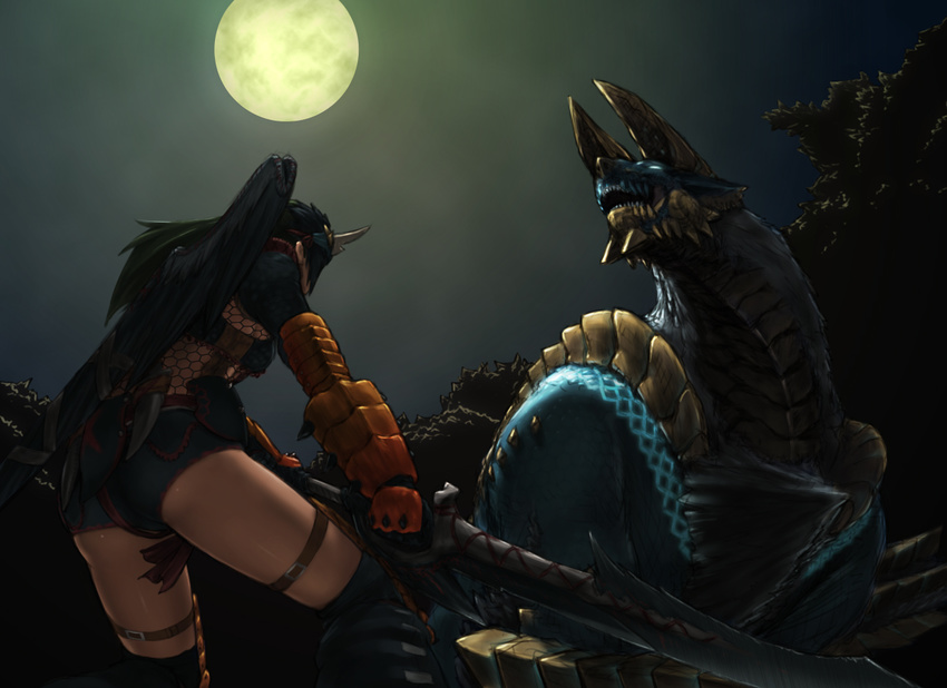 ass battle boots fighting_stance fishnets forest from_below full_moon gauntlets glowing glowing_eyes green_hair horns huge_weapon knife long_hair monster monster_hunter monster_hunter_portable_3rd moon nargacuga_(armor) nature night night_sky sheath sky sword vambraces weapon yoshikawa_hazure zinogre