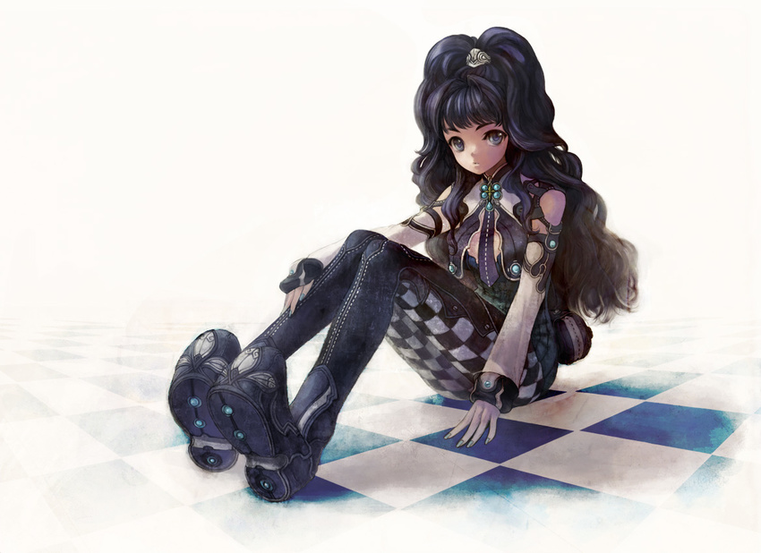 aqua_nails arm_support bad_id bad_pixiv_id black_eyes black_hair boots breasts brooch checkered checkered_floor checkered_legwear crop_top cropped_vest detached_sleeves fingernails grey_background half_updo hand_on_own_leg hori_airi jewelry legs_together long_fingernails long_sleeves looking_at_viewer medium_breasts nail_polish necktie on_floor open_clothes open_vest original pantyhose pouch sidelocks simple_background sitting solo stitches turtleneck vest wavy_hair