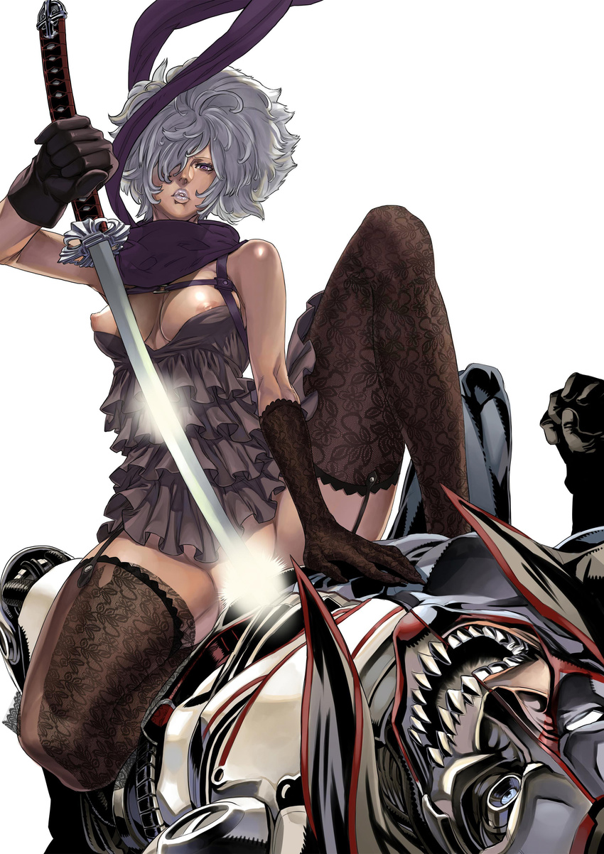 absurdres afro bare_shoulders breasts camisole censored convenient_censoring dark_skin dress frills gathers girl_on_top gloves highres katana lace large_breasts lips nipples no_more_heroes no_panties purple_eyes scarf shinobu_jacobs short_hair silver_hair sword thighhighs weapon white_hair zunta