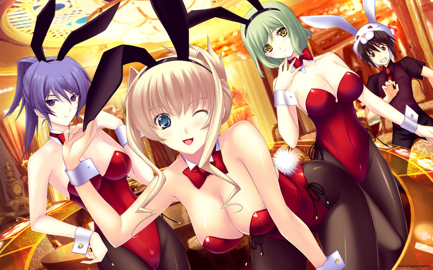 3girls ;d animal_ears animal_hat bangs bare_shoulders bent_over black_hair black_legwear blonde_hair blue_eyes blue_hair blush bow bowtie breasts bunny_ears bunny_tail bunnysuit casino ceiling cleavage clenched_hand clenched_teeth clock closed_mouth company_name cowboy_shot curtains detached_collar fake_animal_ears fake_tail folded_ponytail green_hair hair_between_eyes hair_intakes hairband hand_on_own_chin happy hat head_tilt helgarose_von_falkenmayer high_ponytail highres ilfriede_von_feulner indoors large_breasts legs_apart leotard lights looking_at_viewer lunateresia_von_wizleben makabe_seijuurou miyata_sou multiple_girls muvluv necktie one_eye_closed open_mouth pants pantyhose ponytail purple_eyes red_leotard ribbon roulette shirt short_hair short_sleeves sideboob sidelocks smile standing strapless strapless_leotard tail teeth the_euro_front vest wavy_hair wrist_cuffs yellow_eyes