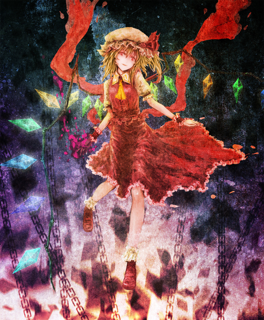 ascot aura bad_id bad_pixiv_id blonde_hair bobby_socks chain flandre_scarlet glowing glowing_hand hat head_tilt heiyuen highres magic open_mouth red_eyes short_hair skirt socks solo touhou wings wrist_cuffs