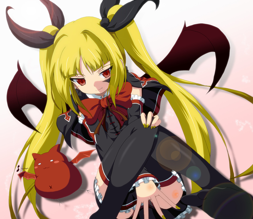 bat_wings between_thighs black_legwear blazblue blonde_hair blush bow covering covering_crotch dr._cryptoso dress fang gii gothic_lolita hair_ribbon highres lens_flare lolita_fashion long_hair musical_note nail_polish rachel_alucard red_bow red_eyes ribbon slit_pupils solo thighhighs tsurime twintails wings