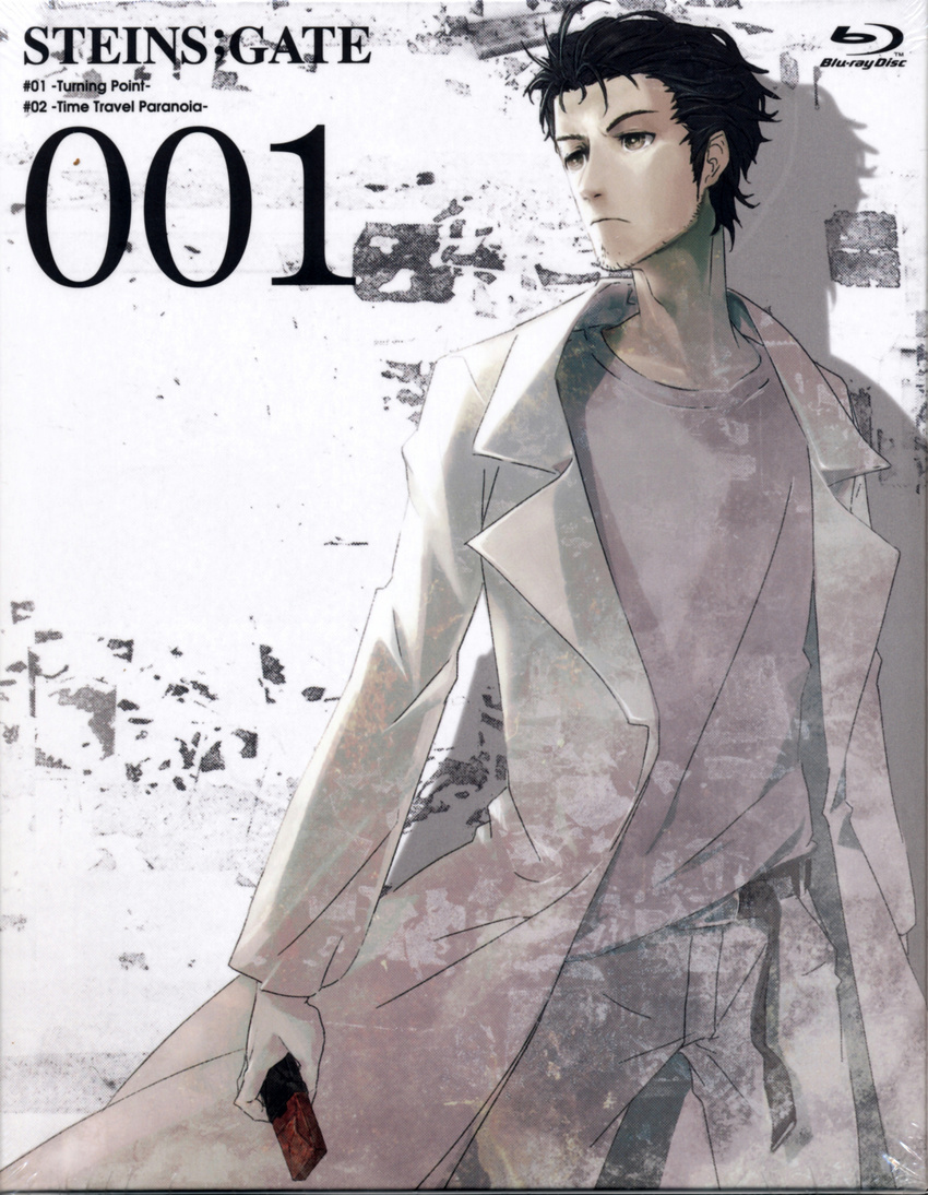 absurdres black_hair cellphone cover dvd_cover highres holding huke male_focus official_art okabe_rintarou phone solo steins;gate