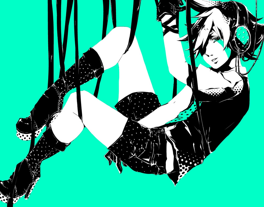 bad_id bad_pixiv_id boots genda_koujirou gloves green_background halftone hanging headphones high_contrast high_heels inazuma_eleven inazuma_eleven_(series) male_focus monochrome necktie shiro_(reptil) shoes shorts simple_background solo spot_color