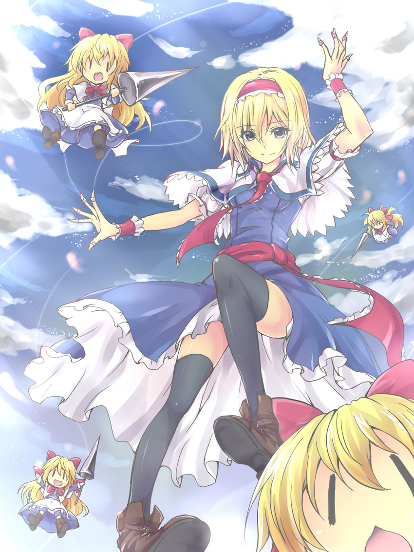 \o/ alice_margatroid ankle_boots arms_up bad_id bad_pixiv_id belt black_legwear blonde_hair blue_dress blue_eyes blue_sky boots bow breasts capelet chestnut_mouth chibi cloud cloudy_sky day doll dress hair_bow hairband highres jewelry jumping lance long_hair open_mouth oukawa_yuu outstretched_arms petticoat polearm puppet_rings puppet_strings ribbon ring sash shanghai_doll short_hair sky small_breasts smile solo string thighhighs touhou weapon zettai_ryouiki |_|