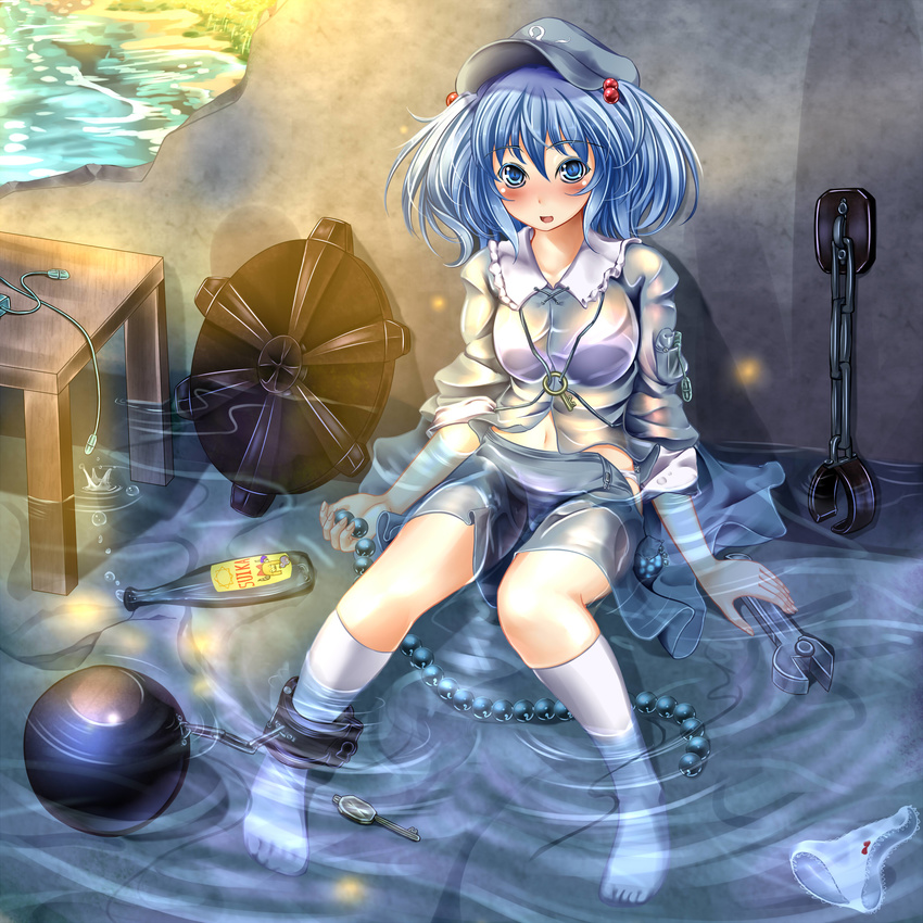absurdres alcohol anal_beads ball_and_chain_restraint blue_eyes blue_hair blush bottle chain chained cuffs hair_bobbles hair_ornament hat highres hole kawashiro_nitori key kneehighs md5_mismatch midriff monikano open_clothes open_mouth open_skirt panties partially_submerged sake see-through shackles shirt sitting skirt sleeves_rolled_up solo table tools touhou two_side_up underwear vibrator wall water wet wet_clothes white_legwear white_panties wrench