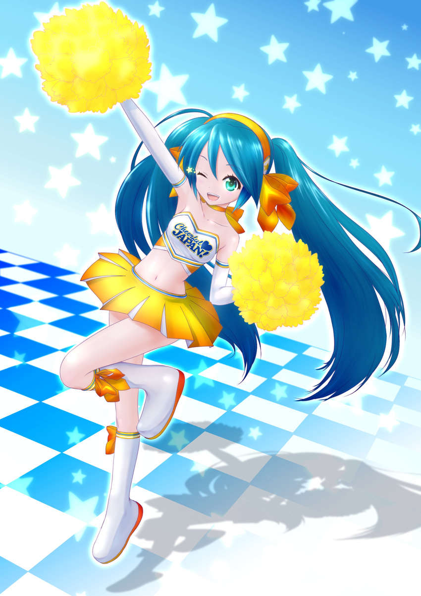 absurdres akahige bare_shoulders checkered checkered_floor cheerleader crop_top hatsune_miku highres long_hair midriff navel one_eye_closed open_mouth pom_poms shadow smile solo star twintails very_long_hair vocaloid