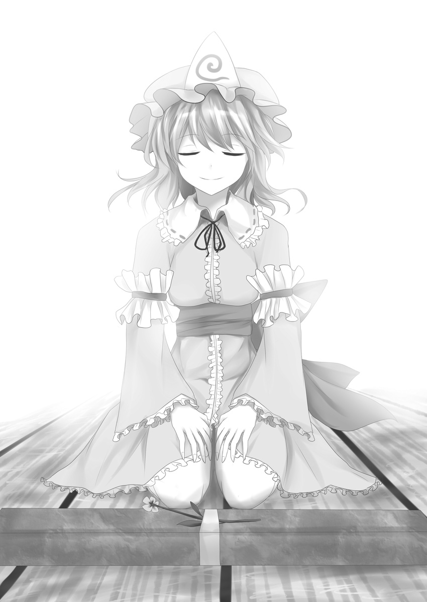 absurdres bunchou_(bunchou3103) closed_eyes flower greyscale highres monochrome saigyouji_yuyuko seiza short_hair sitting smile solo tatami touhou triangular_headpiece