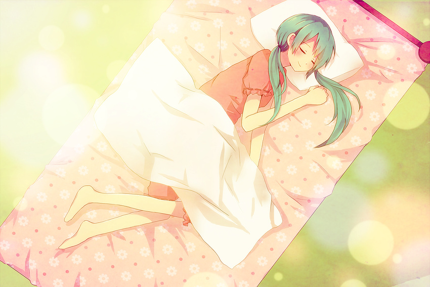 bad_id bad_pixiv_id blanket closed_eyes green_hair hatsune_miku long_hair lying nigoru pillow sleeping solo twintails vocaloid