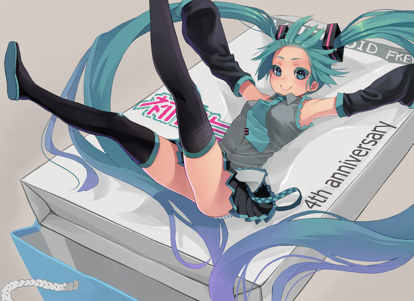 anniversary aqua_eyes aqua_hair bag black_legwear blush detached_sleeves fkey hatsune_miku highres legs_up long_hair minigirl necktie outstretched_arms pleated_skirt shopping_bag simple_background skirt sleeves_past_wrists smile solo spread_arms thighhighs very_long_hair vocaloid