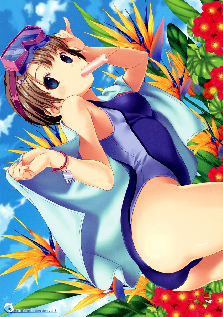 arched_back ass bird_of_paradise blue_eyes bracelet brown_hair bunny_hair_ornament cloud competition_swimsuit copyright_request day diving_mask flower food hair_ornament hairpin highres jewelry koutaro leaning_forward looking_at_viewer mouth_hold non-web_source one-piece_swimsuit popsicle short_hair sky solo swimsuit towel wristband
