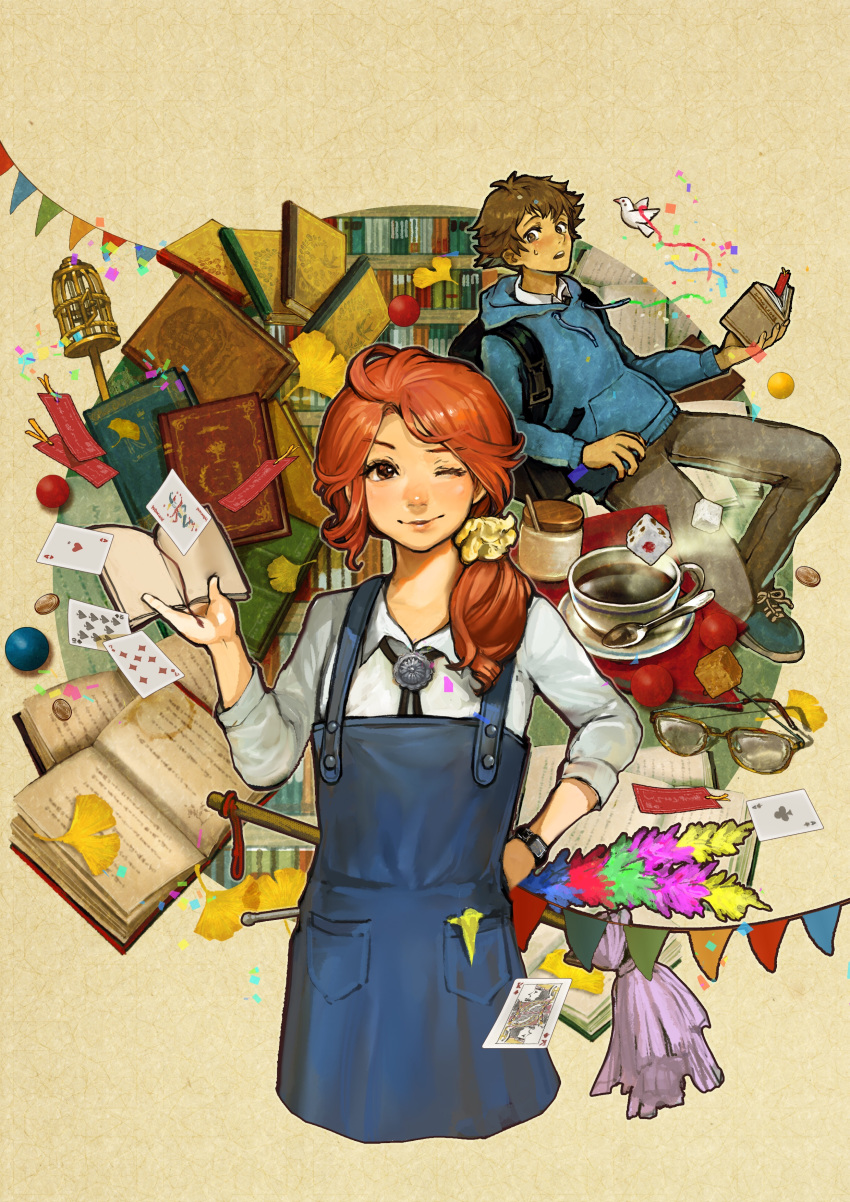 1boy 1girl ;) absurdres backpack bag ball bird birdcage blue_footwear blue_hoodie blue_overalls book bookmark bookshelf brown_eyes brown_hair cage card coffee dice feather_duster ginkgo_leaf glasses hair_ornament hair_over_shoulder hair_scrunchie hand_on_hip highres hood hood_down idarintarou jewelry necklace one_eye_closed open_book original overalls playing_card red_hair saucer scrunchie shoes smile sneakers spoon string_of_flags sugar sugar_cube watch wristwatch yellow-framed_eyewear yellow_scrunchie