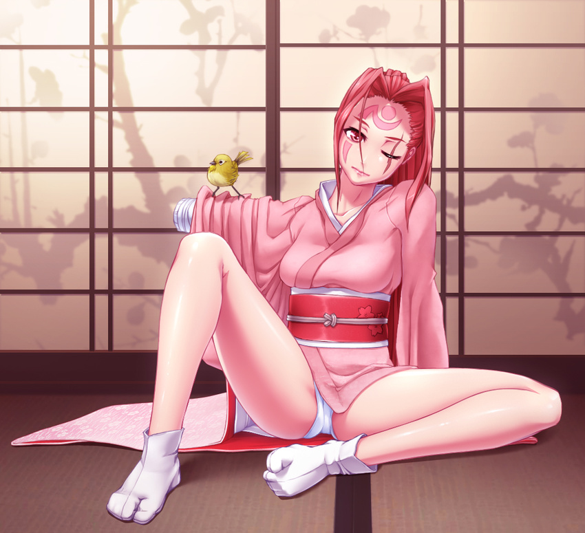 animal_on_arm baiken bandages bird bird_on_arm breasts facial_mark facial_tattoo forehead_mark guilty_gear head_tilt japanese_clothes kimono long_hair medium_breasts obi one-eyed panties pink_eyes pink_hair ponytail sash scar scar_across_eye shouji sitting sliding_doors solo spread_legs tabi tatami tattoo teratasiro underwear white_panties