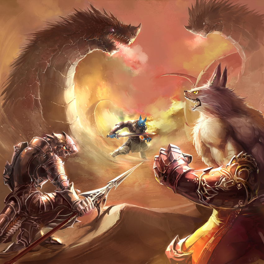 battle canine dragon fantasy feral fight group hi_res male mammal nejita polearm sword weapon