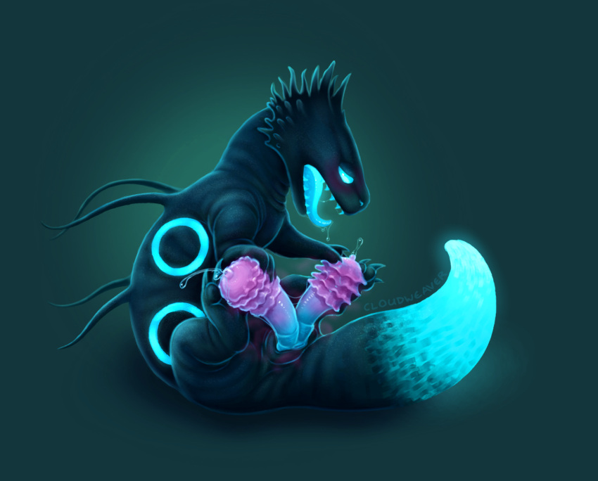 2_penises animal_genitalia animal_penis autofootjob bioluminescence black_body cloaca cloudweaver_(artist) cyan_lizard_(rain_world) feet feral flared_penis foot_fetish foot_play genitals glowing glowing_eyes glowing_tail handjob hemipenes hi_res lizard lizard_(rain_world) looking_pleasured male masturbation multi_genitalia multi_penis musk musk_cloud musky_penis penile penis rain_world reptile scalie sex solo story story_in_description tail tongue tongue_out videocult