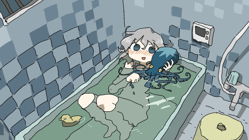 1girl animal bathing bathtub blue_eyes grey_hair nude octopus original tsukumizu_yuu water